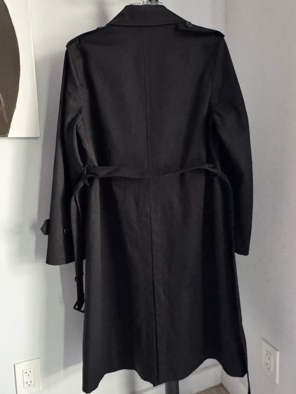 Uniqlo Black Cotton Double Breasted Structured Chic Long Trench Coat w Belt SM - Picture 7 of 13